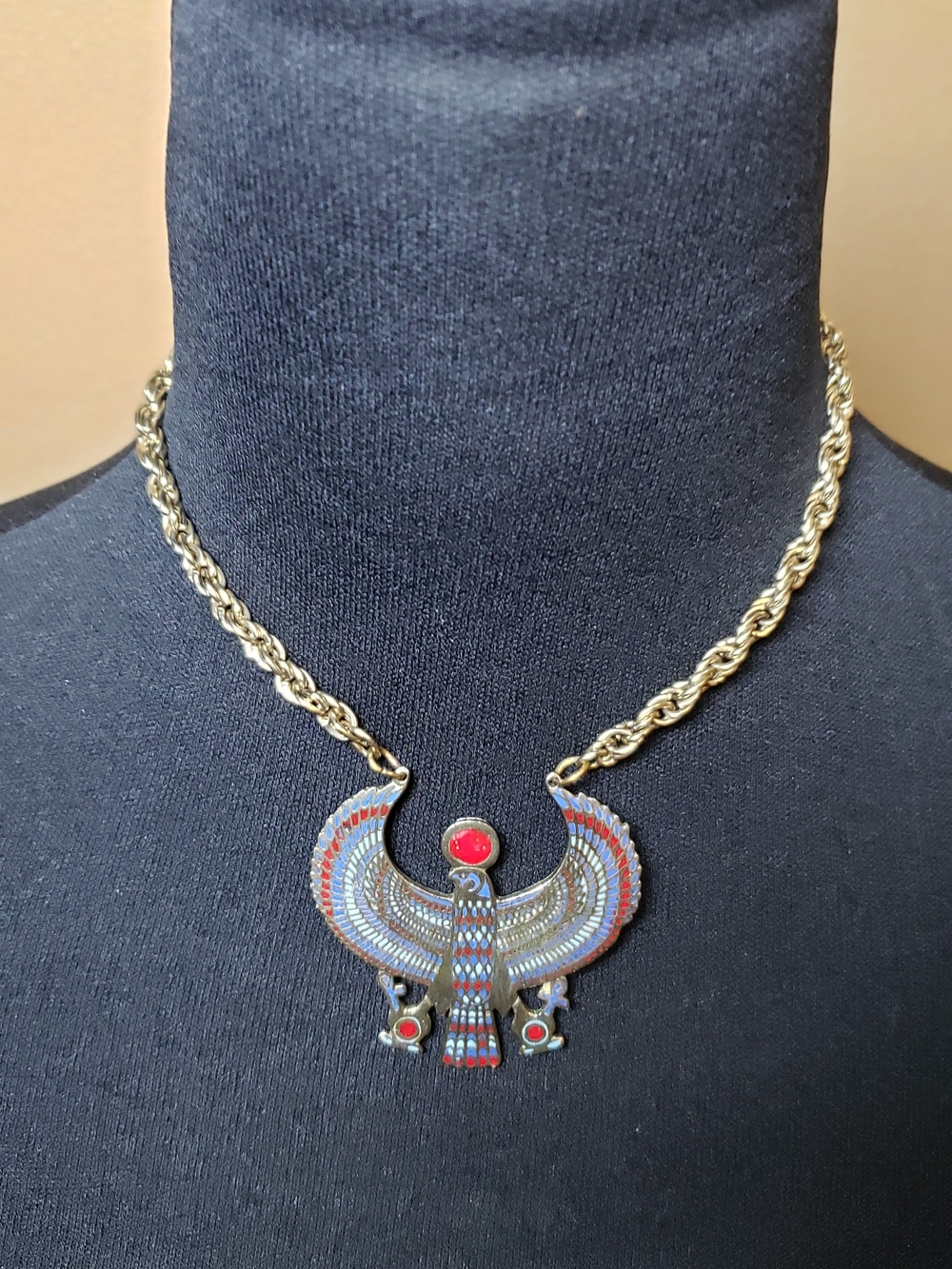 Gold-Tone Egyptian Winged Scarab Necklace with Red Enamel Accents